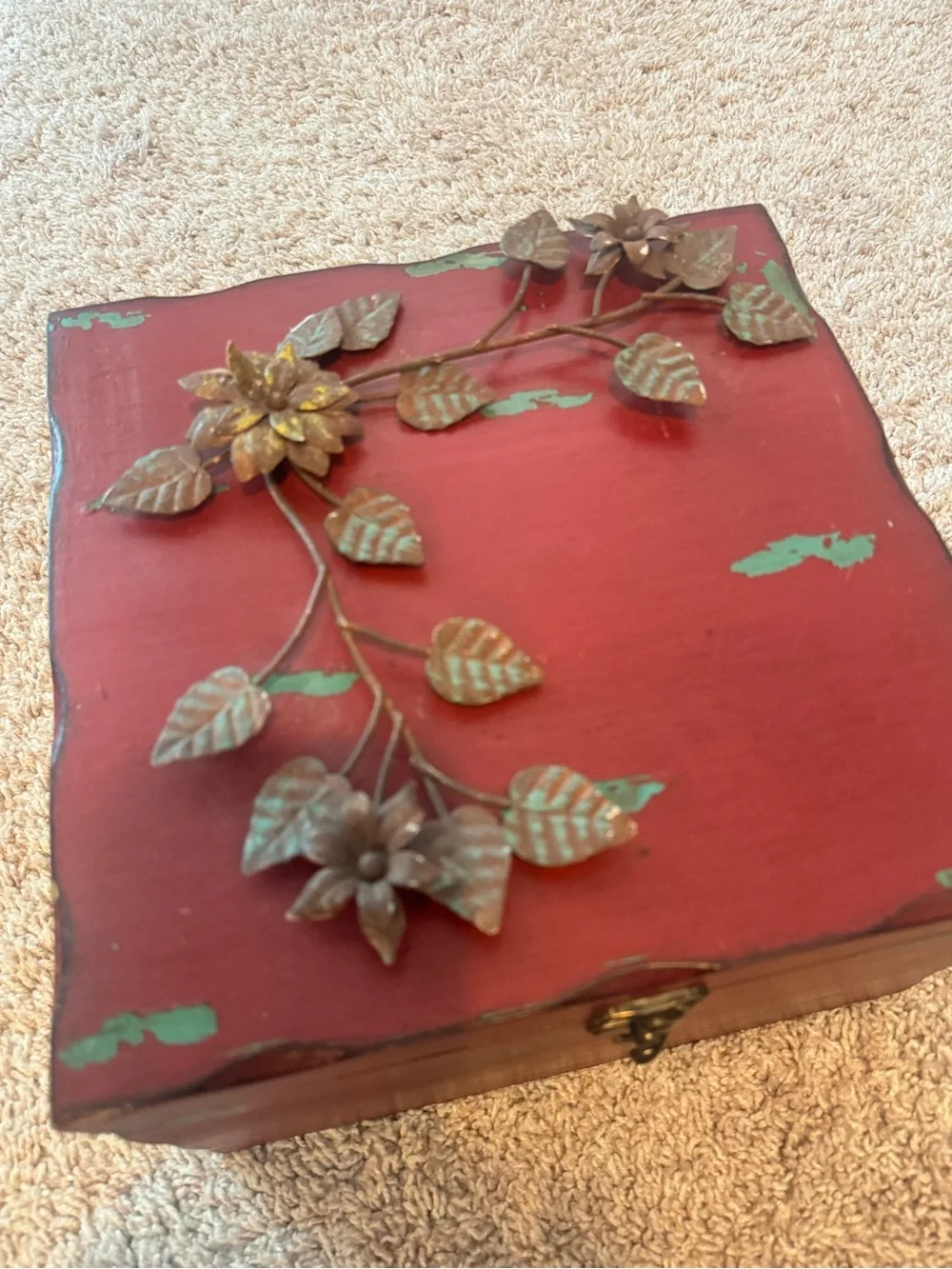 Vintage-Style Red Decorative Jewelry Box with Floral Metal Accent